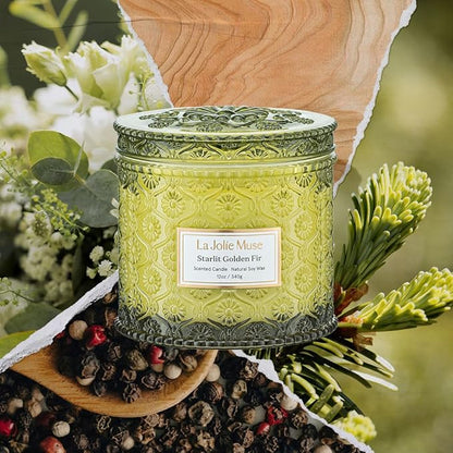 LA JOLIE MUSE Christmas Candle | Starlit Golden Fir | Fir Balsam, Cedarwood & Smoke | 12 oz Soy Candle, Double Wick | 60 Hours Clean Burn | Christmas Gift for Women & Family