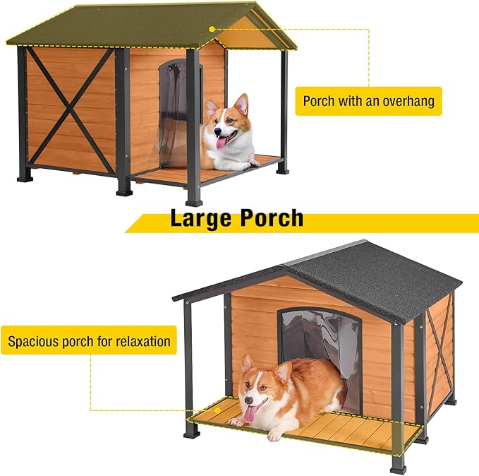 Aivituvin Dog House Outdoor with Metal Frame, Dog Kennel Outside for Large Breed, 41.5" Weatherproof Large Dog Shelter with Anti-Chewing Iron Frame, Brown (41.38" D x 41.54" W x 34.05" H)