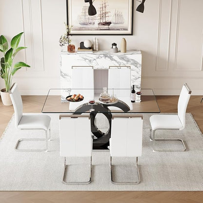 63'' Glass Dining Table Set for 6, Kitchen Table Chairs Set of 6, Clear Glass Dining Table with Black unique design Leg and Silver Metal Base, 6 PU Dining Chairs with Metal Legs, Living Room, Kitchen.