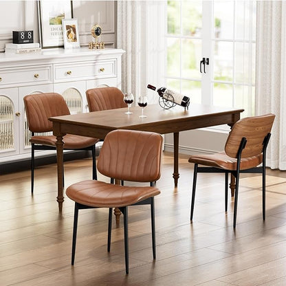 Dining Chairs Set of 4, Dining Room and Kitchen Chairs, Mid Century Modern Accent Chair, Upholstered PU Leather Chairs for Vanity with Walnut Bentwood and Metal Legs, Light Tan