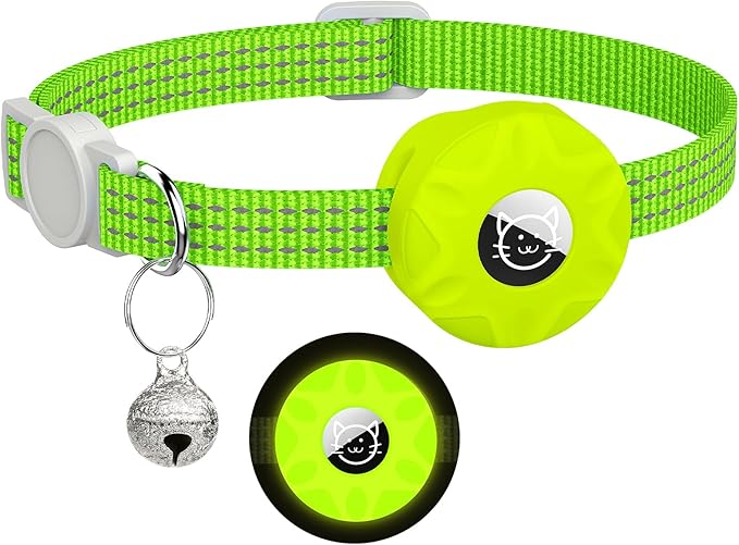 AirTag Cat Collar, Reflective Kitten Collar Breakaway Apple Air Tag Cat Collar, GPS Cat Collar with AirTag Holder and Bell, Lightweight Tracker Cat Collars for Girl Boy Cats Kittens (Luminous Yellow)