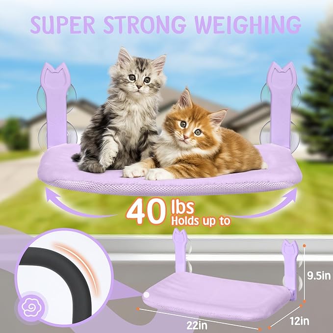 Cat Window Hammock 2-Pack,Foldable Cat Perch with Suction Cups & Metal Frame,Holds up to 40 lbs - Durable & Secure for Cats,Features 2-Sided Cushion & Easy Storage for Sunny Lounging(Purple)