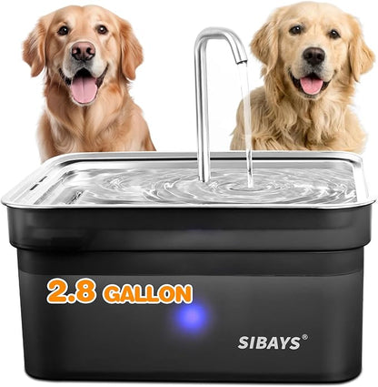 SIBAYS Dog Water Fountain for Large Dogs, 355oz/2.8Gal/10.5L Automatic Dog and Cat Water Fountain, Large Pet Fountain with Stainless Steel Bowl, Dog Water Bowl Dispenser Easy to Clean, BPA-Free FS70