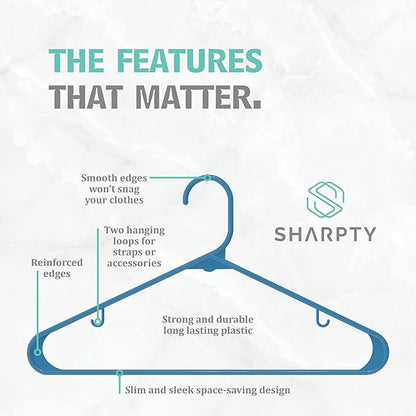 Sharpty Plastic Hangers Clothes Hangers for Clothing, Closet, Coats & Shirts - Durable, Thick, Tough & Space Saving - for Everyday Standard Use, Room Essentials & Basics - 60 Pack - Blue