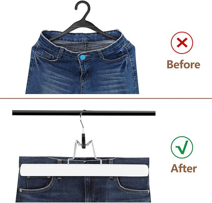 AMKUFO 12 Pack White Wooden Pants Hangers with Clips Non Slip Skirt Hangers Trouser Clamp Hanger Solid Wood Hanger with 360° Swivel Hook