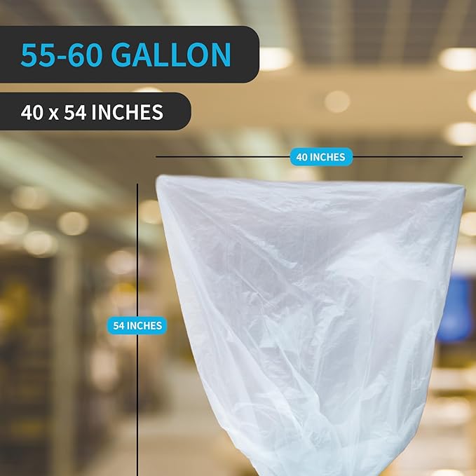 Large Garbage Bag - 55-60 Gallon Capacity, Heavy Duty, High Density, Tear Resistant, Unscented, Extra Strength for Commercial, Industrial, Office, House, Lawn, Events, Bulk Qty 150 Bags