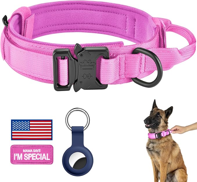 DAGANXI Tactical Dog Collar, Adjustable Military Training Nylon Dog Collar with Control Handle and Heavy Metal Buckle for Medium and Large Dogs, with Patches and Airtags Case (M, Pink)