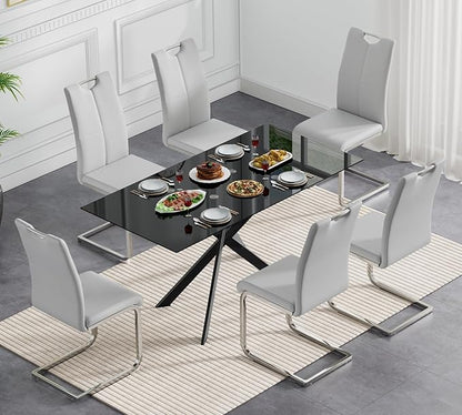 Goujxcy Modern Glass Dining Table Set for 6, Black Glass Kitchen Table and Chairs Set, 7 Piece Dining Room Table Set with 51" Rectangle Dinner Table and 6 Grey Leather Dining Chairs