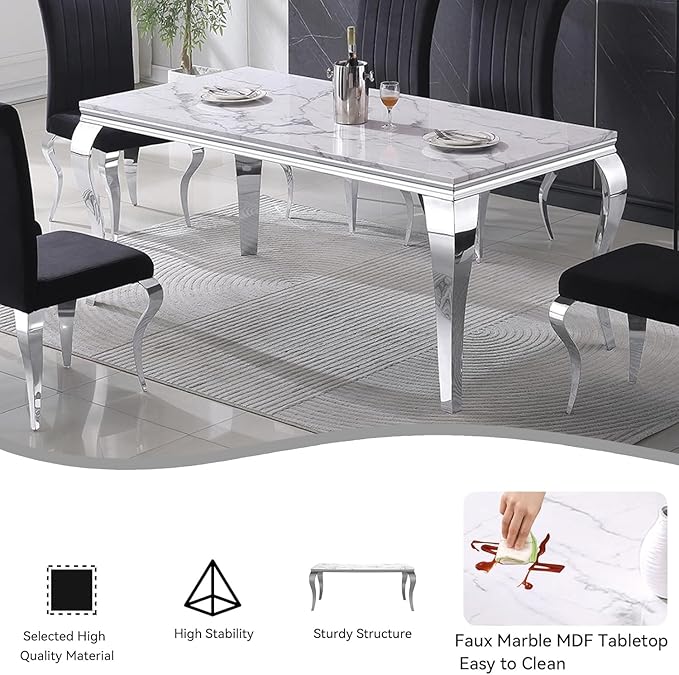Goujxcy 70" Marble Dining Table Set for 6, Modern 7 Piece Dining Room Table Set with White Faux Marble Dining Table & 6 Blue Velvet Upholstered Chairs, Luxury Silver Kitchen Table Chairs Set of 6