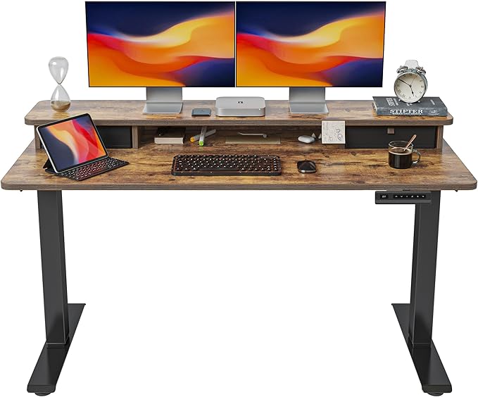 FEZIBO 55''x 24'' Height Adjustable Electric Standing Desk with Double Drawer, Home Office Computer Desk with 4 Height-Adjustable Feets & 2 Hooks, Rustic Brown