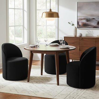 Modern Barrel Dining Chairs Set of 3, Swivel Base Black Sherpa Accent Chair 360°Rotating Mid-Century Dining Side Chair Kitchen Chair for Living Room, Bedroom, Home, Office, Kitchen