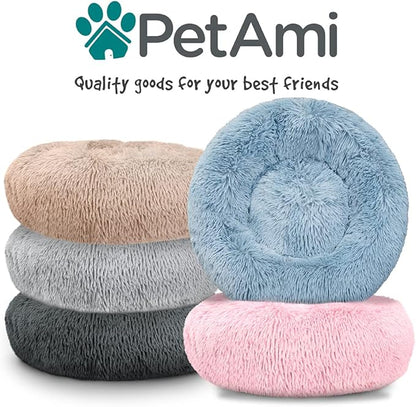 PetAmi Calming Dog Bed for Small Medium Dog Cat, Round Donut Dog Bed Washable, Fluffy Faux Fur Plush Cuddler Pet Kitten Cushion Bed, Anti-Slip, Fits up to 25 lbs, 23 inch, Pink
