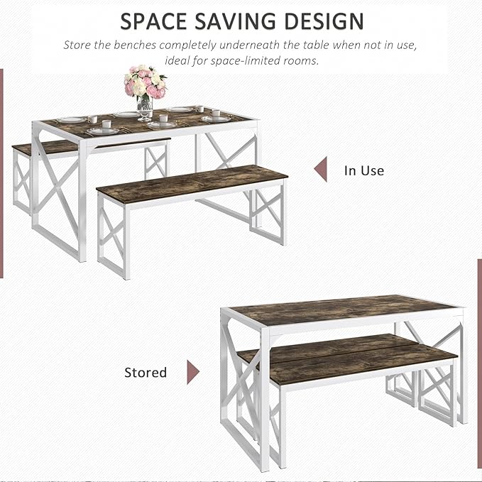 VECELO Kitchen Dining Table Benches Set for 4, 55" Wooden Dinette with 2 Benches, Heavy-Duty Dining Room Table for Small Space, Breakfast Nook, Dark Brown