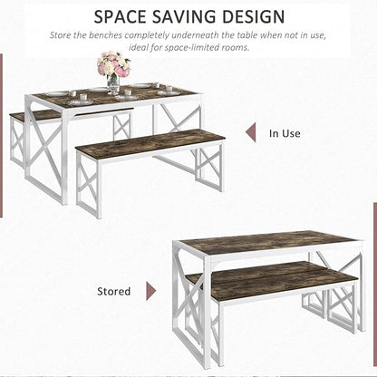 VECELO Kitchen Dining Table Benches Set for 4, 55" Wooden Dinette with 2 Benches, Heavy-Duty Dining Room Table for Small Space, Breakfast Nook, Dark Brown