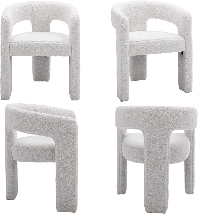Modern Sherpa Dining Chairs Set of 5, Upholstered Barrel Chairs with Arms Comfy Accent Side Chairs for Living Room/Dining Room/Reception, White