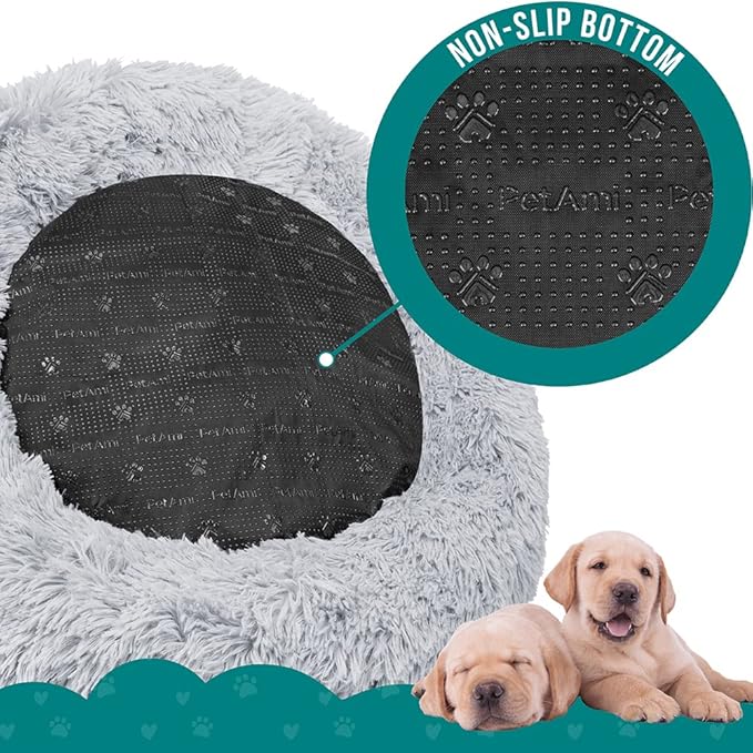 PetAmi Calming Dog Bed for Small Medium Dog Cat, Round Donut Dog Bed Washable, Fluffy Faux Fur Plush Cuddler Pet Kitten Cushion Bed, Anti-Slip, Fits up to 25 lbs, 23 inch, Light Gray