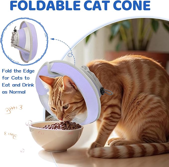 Breathable Air Mesh Cat Cone Collar Soft to Stop Licking, Adjustable, Foldable Lightweight Kitten Cones After Surgery Recovery for Cats & Kittens (Light Purple,M)