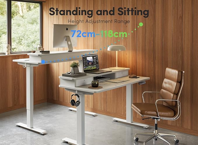 FEZIBO 55 x 24 Inch Height Adjustable Electric Standing Desk with Double Drawer, Computer Desk, Home Office Stand Up Table with 4 Height-Adjustable Feets & 2 Hooks, White