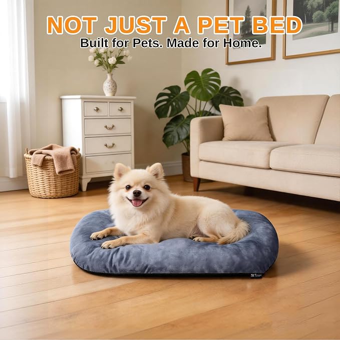 Washable Oval Medium Dog Bed, Silver-Tipped High-Resilience, Dusty Blue | Non-Slip Bottom Prevents Sliding, Soft Plush Short Fur, Machine Washable, Ideal for Crates/Apartments/Cozy Nooks,29"x18"x2.8"