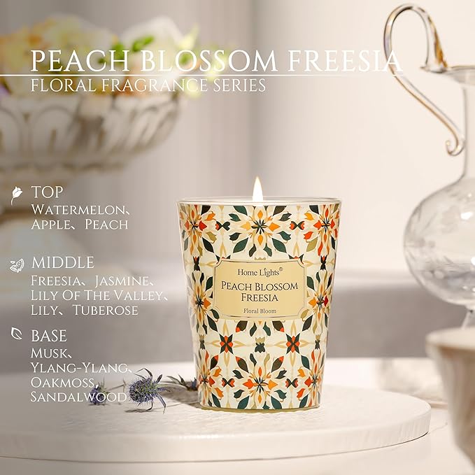 HomeLights Scented Candles for Women & Men, 6.7oz Candle Jars Aromatherapy Single Wick Candle, Ideal for Bohemian Natural Textures Home Decor and Gifts, Peach Blossom Freesia
