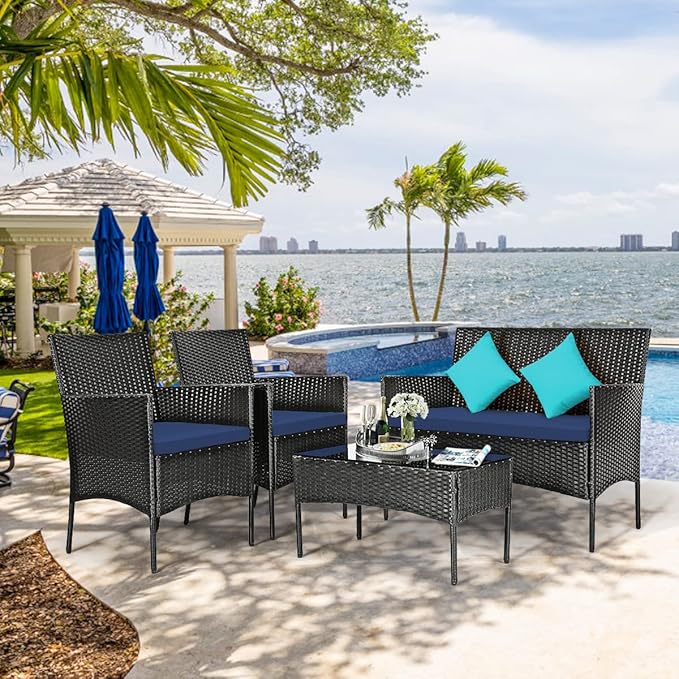Tangkula 8 Pieces Patio Furniture Set, Outdoor Wicker Conversation Set with Tempered Glass Tabletop, Rattan Sofa and Chairs Set with Off White & Navy Cushion Covers