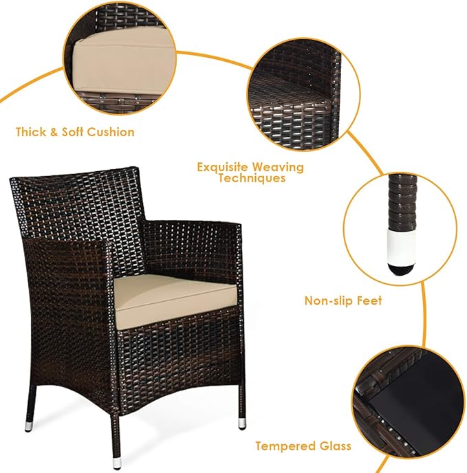 Goplus 4-Piece Rattan Patio Set, Outdoor/Indoor Wicker Conversation Set for Pool, Backyard, Lawn, Wicker Chairs and Sofa with Soft Cushion, Rattan Furniture with Tempered Glass Coffee Table