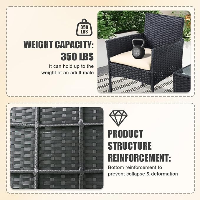 3 Pieces Patio Furniture Set, Outdoor Conversation Sets, Wicker Rattan Chairs for Garden Backyard Balcony Porch Poolside, Set with Glass Table and Soft Cushions (Black+Beige)