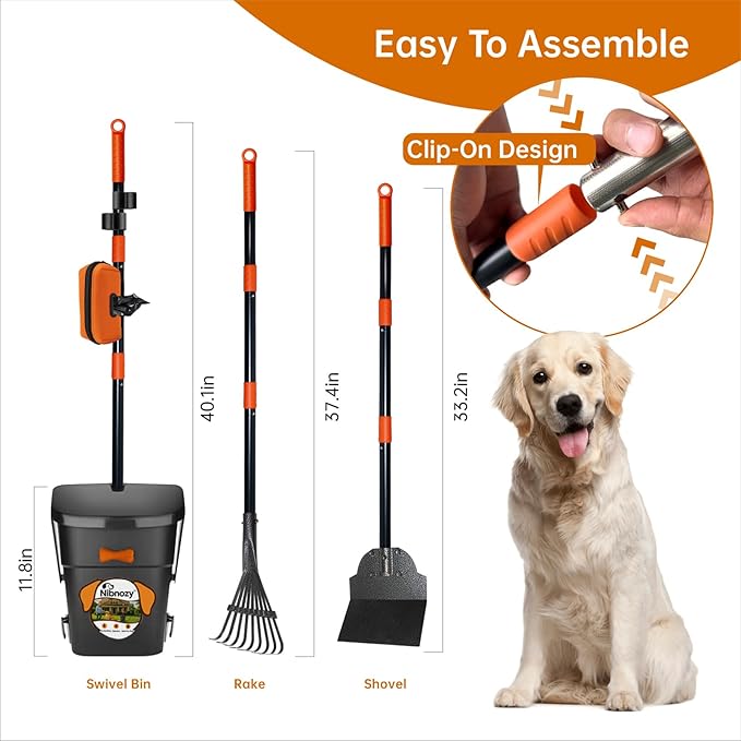 Dog Pooper Scooper with Bags & Dispenser - 37.4" Long Durable Metal Handle Swivel Bin & Rake & Spade Kit, Large Capacity Portable Pooper Scooper for Yards，Easy to Assemble