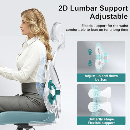 Ergonomic Office Chair with Adjustable Lumbar Support and Headrest, High Back Mesh Desk Chair for Home Office,Flip-Up Arms 90-120° Tilt Lock Rolling Swivel Task Chairs (White-Blue6065)
