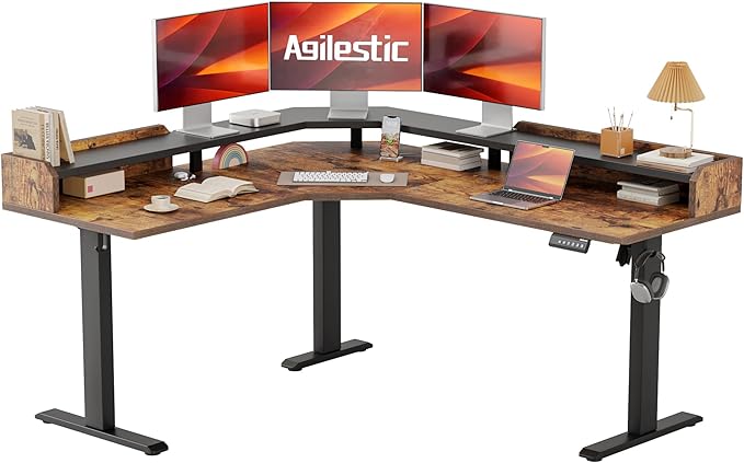 Agilestic L Shaped Standing Desk, Adjustable Height Corner Gaming Desk with Shelf, Sit Stand Up Desk, 63 x 55 Inch Home Office Computer Table, Rustic Brown