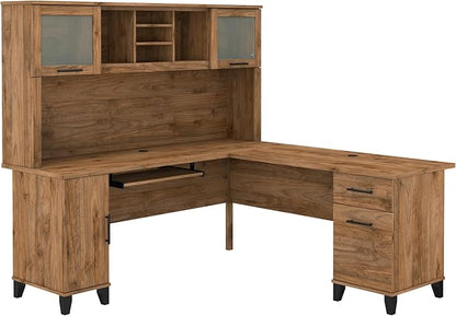 Bush Furniture Somerset L Shaped Desk with Hutch in Fresh Walnut | Corner Computer Table with Drawers, Cabinets and Pullout Keyboard/Laptop Tray for Home Office