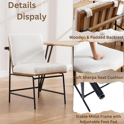 Modern Dining Chairs Set of 4, Comfy Sherpa Fabric Armless Upholstered Side Chairs with Wooden Backrest Black Metal Legs for Dining Room Living Room, White