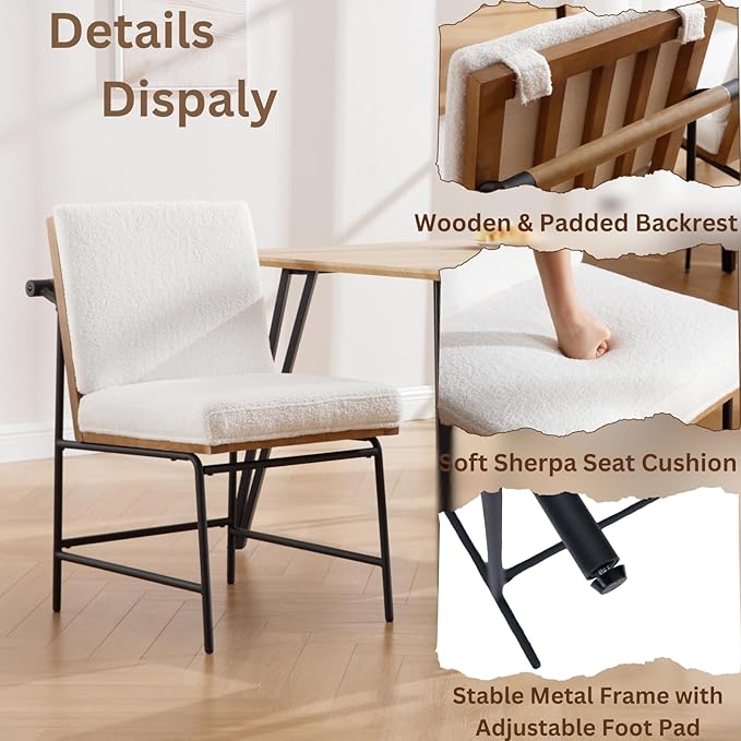 Modern Dining Chairs Set of 6, Comfy Sherpa Fabric Armless Upholstered Side Chairs with Wooden Backrest Black Metal Legs for Dining Room Living Room, White