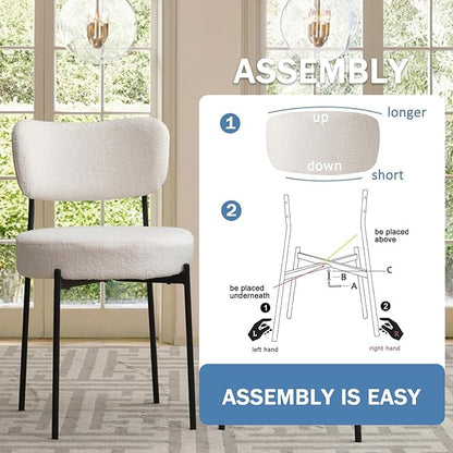 White Boucle Dining Chairs Set of 2, Upholstered Dinner Chair with Metal Frame, Dining Room Chairs with Padded Seat, Round Modern Seating for Living Room