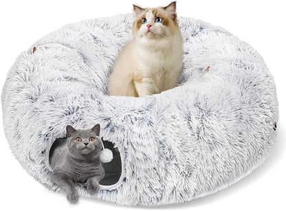 Cat Tunnel Bed for Indoor Cats, Peekaboo Cat Cave with Washable Soft Play Mat, Furry Cat Tube, for Kitten/Puppy/Rabbit, Grey