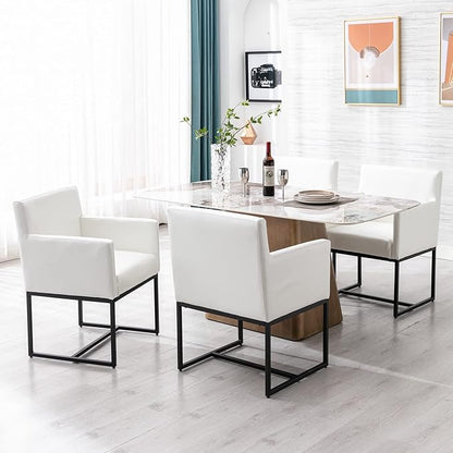 Set of 4 Upholstered Dining Chairs with Armrest, PU Leather Modern Accent Armchairs, Kitchen & Dining Room Chairs Side Chairs, White