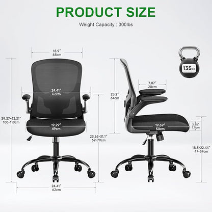 Ergonomic Office Chair-High Back Desk Chair, Adjustable Lumbar Support, Flip-Up Arms, 90-120° Tilt Lock, Breathable Mesh Back Rolling Work Chair for Man Woman(Grey)