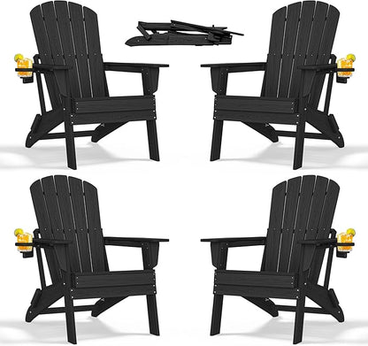 nevilywood Folding Adirondack Chair with Cup Holder Set of 4, HDPE Patio Chairs,All-Weather Outdoor Chairs for Backyard, Deck,Fire Pit-Black