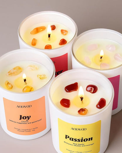 AOOVOO Energy Candles Set for Women - 4 Pack Candles for Home Scented, 28 oz 200 Hour Burn, Aromatherapy Candle with Crystals, Laughter Red Quartz/Love Rose Quartz/Joy Citrine/Passion Red Agate