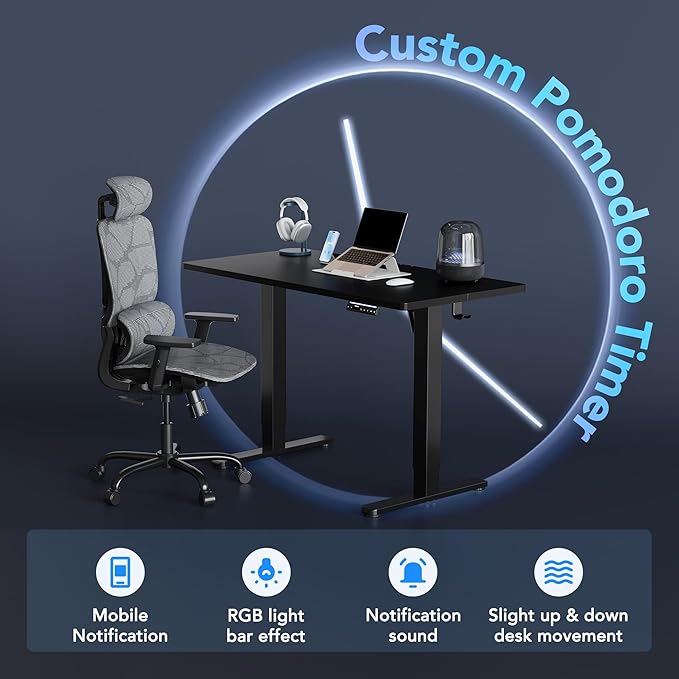 HUANUO AI-Powered Electric Standing Desk with Smart APP, Compatible with Alexa & Google, Adjustable Height, 6 Memory Settings, Sedentary Reminder, Ergonomic Sit-Stand Desk, 48-inch, Black