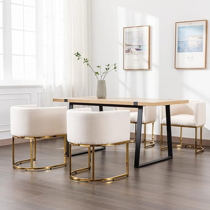 Linen Fabric Dining Chairs Set of 2 Modern Barrel Arm Chairs with Golden Frame, Upholstered Kitchen Chairs 18.5" Wide Accent Chairs for Living Room Dining Room Restaurant, Cream
