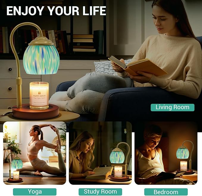 Candle Warmer Lamp with Timer Dimmer - Height Adjustable Wax Melt Warmer for Jar Candles, Blown Art Glass Candle Warming Lamp with 2 Bulbs Birthday Gifts for Mom Women Candle Holders for Home Decor