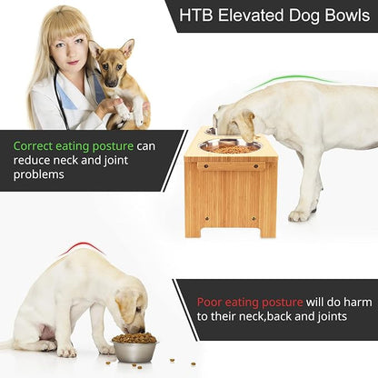 HTB Elevated Dog Bowls,Raised Dog Bowl Stand with 2 Stainless Steel Bowls,Elevated Raised Dog Bowls for Large Medium Small Sized Dogs | Raised Dog Bowl Stand, 10"tall, 48 Oz Bowls, for Large Sized Dogs, Pet-safe, Solid Bamboo