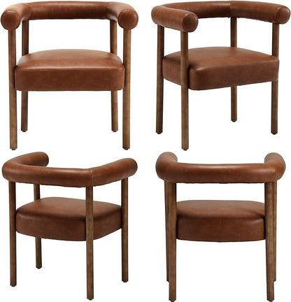 Mid-Century Modern Dining Chairs Set of 6, Armrest Barrel Dining Chairs Side Accent Chairs with Curved Back, Upholstered Wood Armchairs for Kitchen, PU Leather Brown