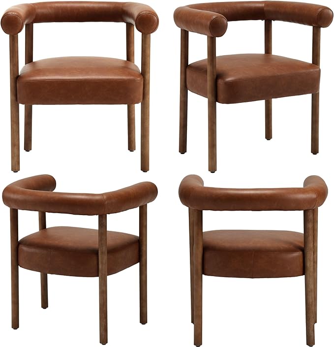 Mid-Century Modern Dining Chairs Set of 4, Armrest Barrel Dining Chairs Side Accent Chairs with Curved Back, Upholstered Wood Armchairs for Kitchen, PU Leather Brown