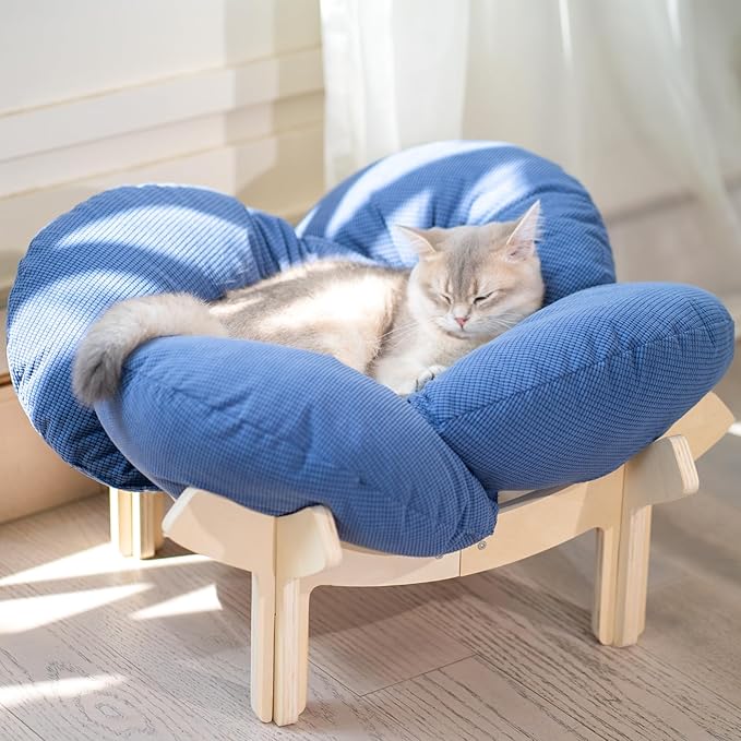 CHEERHOME PETS Elevated Cat Bed Wooden with Cushion Fluffy Pet Couch Sofa for Indoor Cats Raised Kitty Lounge Chair Suitable for Puppy, Cat Furniture(Deep Blue)
