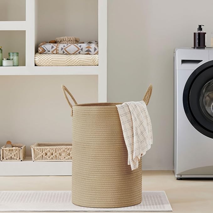 VIPOSCO Large Laundry Hamper, Tall Woven Rope Storage Basket for Blanket, Toys, Dirty Clothes in Living Room, Bathroom, Bedroom - 72L Jute