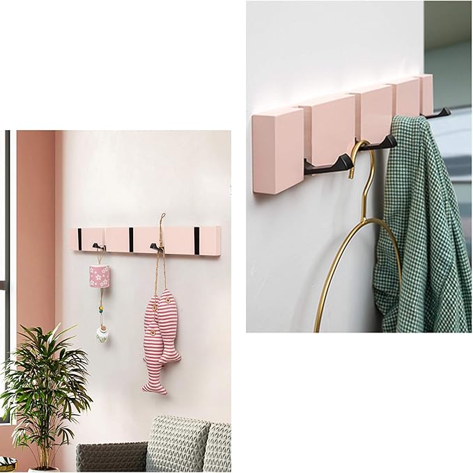 Pink Coat Hooks Wall Mounted for Girls, Modern Coat Rack with Folding Hooks, Beautiful Hooks for Girl Bedroom – Pink 4 Hooks