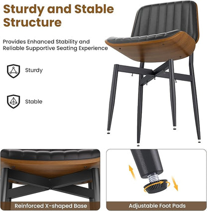 Dining Chairs Set of 2, FSC Certified Mid Century Modern Dining Room Kitchen Chairs, Upholstered PU Leather Vertical Stripe Chairs for Vanity with Walnut Bentwood and Metal Legs, Black