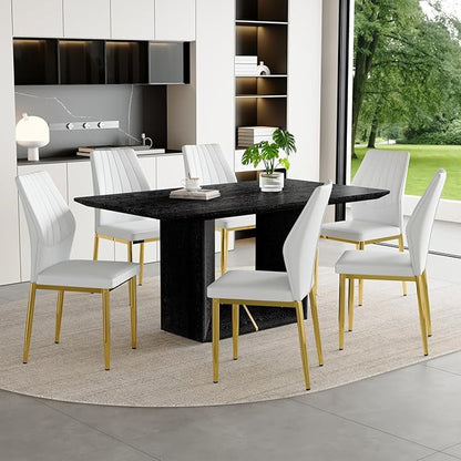 63" Modern Black Dining Table Set for 6 with Chairs, 7 Piece Rectangular Dining Room Table and 6 PU Leather Chairs, Kitchen Dining Set with Matte Wood Finish, Geometric Base, Easy Assembly